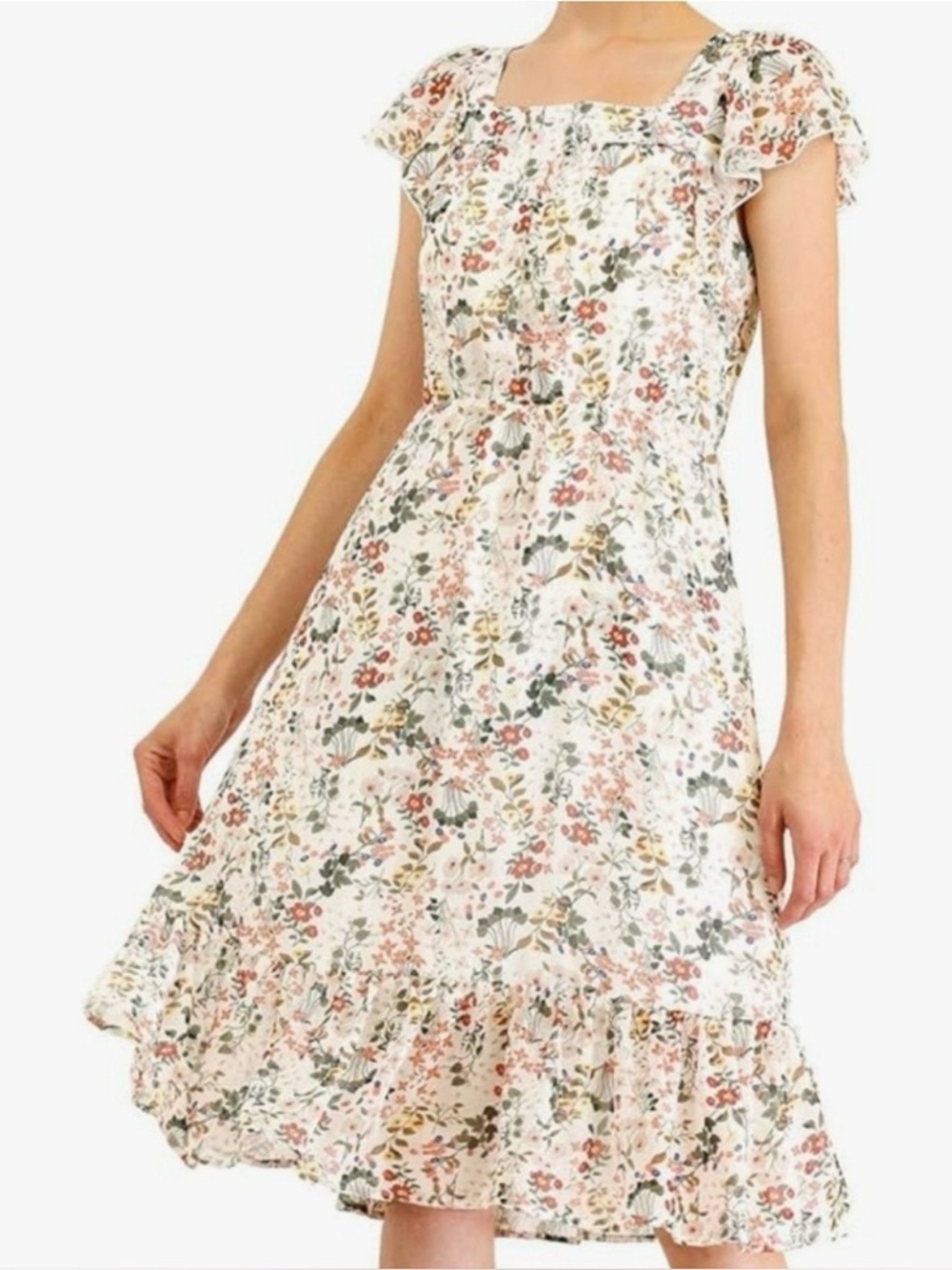 Allegra K Floral Flutter Sleeve Ruffled Hem Midi Dress